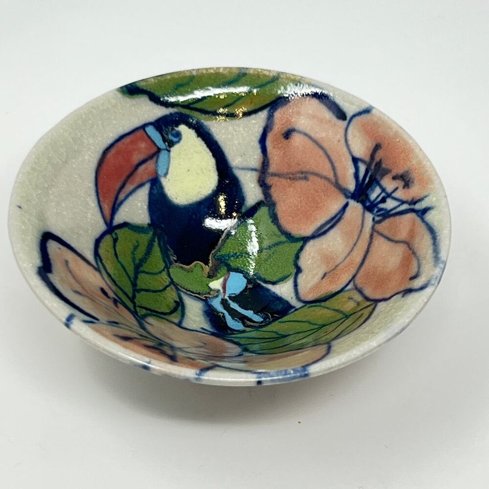 Vintage Signed Studio Pottery Handmade Bowl Toucan Hibiscus Cobalt Glaze Tropics